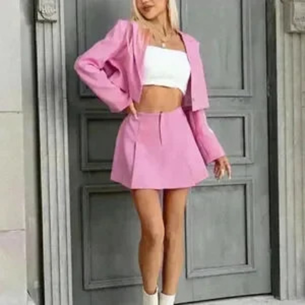 ZARA Pink Trendy Womens Solid Single Button Blazer & Skirt